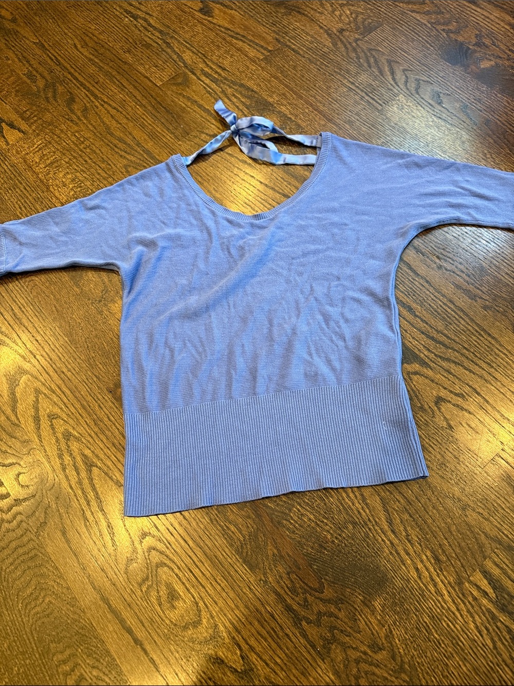 New York & Company Periwinkle Tie-Neck Ribbed Hem Top